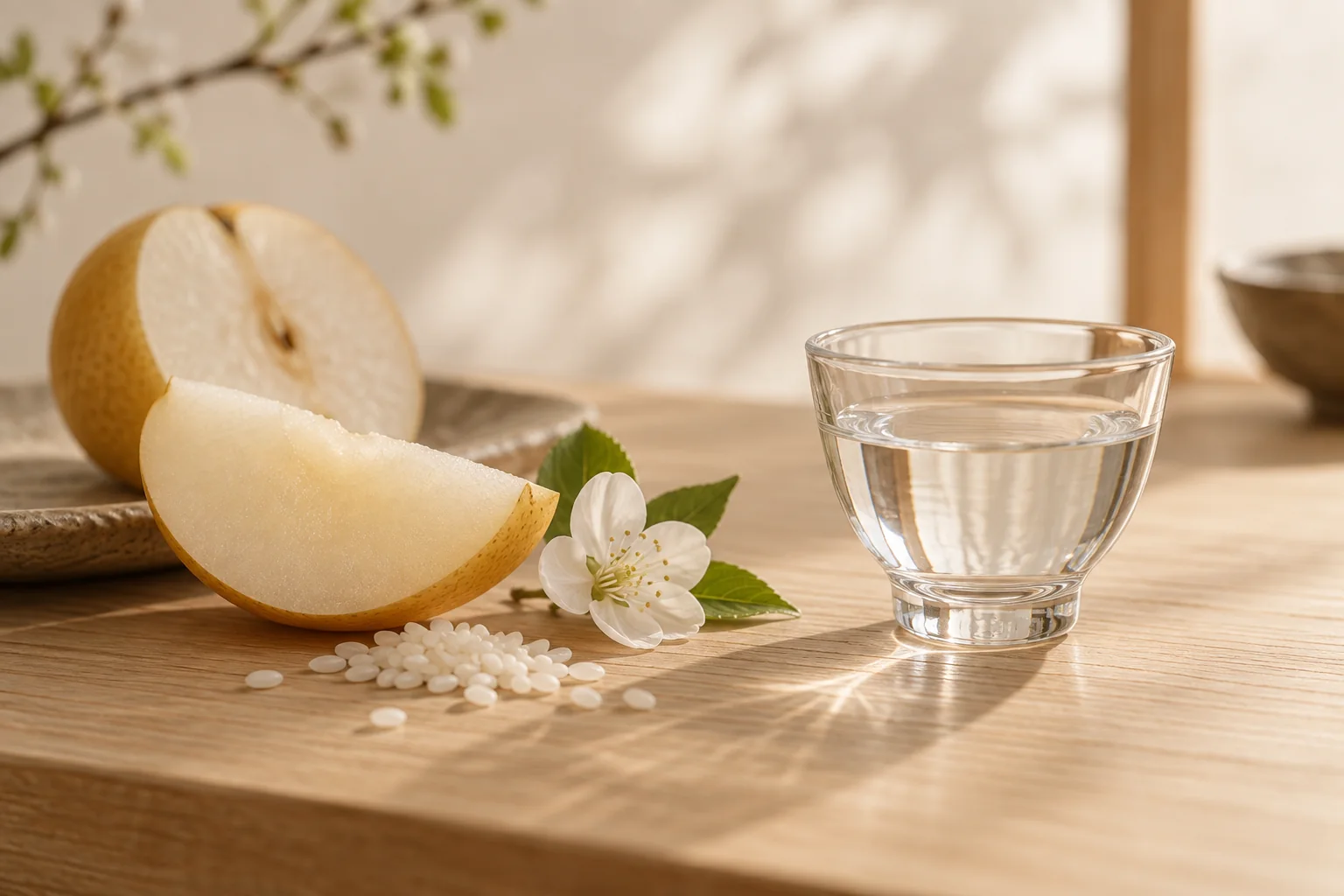 Ly sake bên trái cây, hoa và gạo minh họa các liên tưởng về hương
