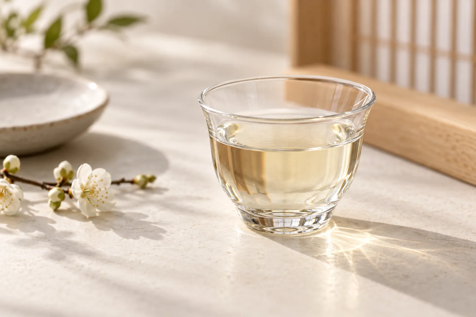 Ly sake dưới ánh sáng để quan sát màu và độ trong